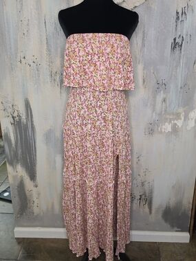 Aakaa Pink Floral Tiered Strapless Maxi Skirt Size Large